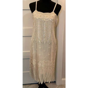 Judith Ann Creations Beaded Flapper Dress M – Ivory 1920s Gatsby Fringe